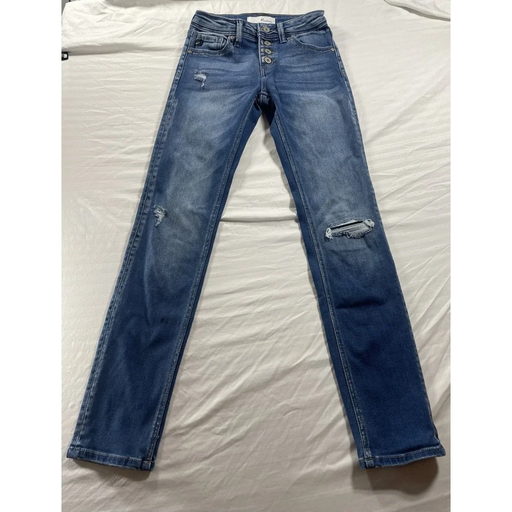 KanCan Women's High Rise Straight Distressed Button Fly Blue Denim Jeans